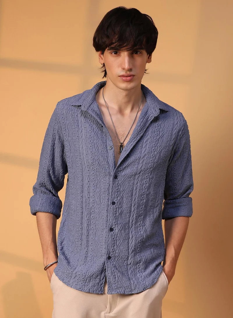 Campus Sutra Men's Stone Blue Aztec-Textured Shirt For Casual Wear | Spread Collar | Long Sleeve | Button Closure | Shirt Crafted With Comfort Fit For Everyday Wear