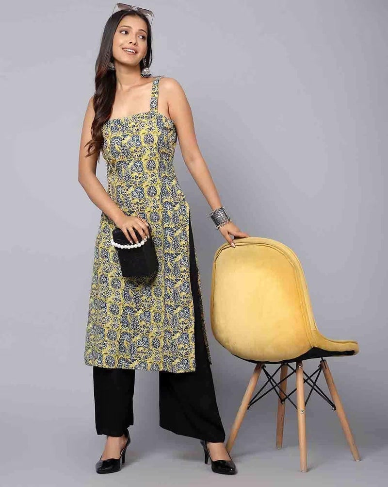 PATLANI Women's Cotton BLENED Sleeveless Printed Full Stitched Kurti.(k-199) Yellow - Image 5