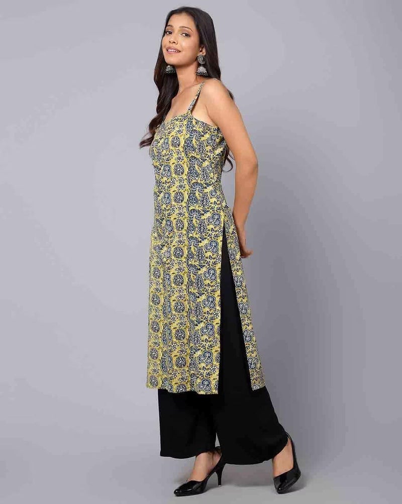 PATLANI Women's Cotton BLENED Sleeveless Printed Full Stitched Kurti.(k-199) Yellow - Image 3