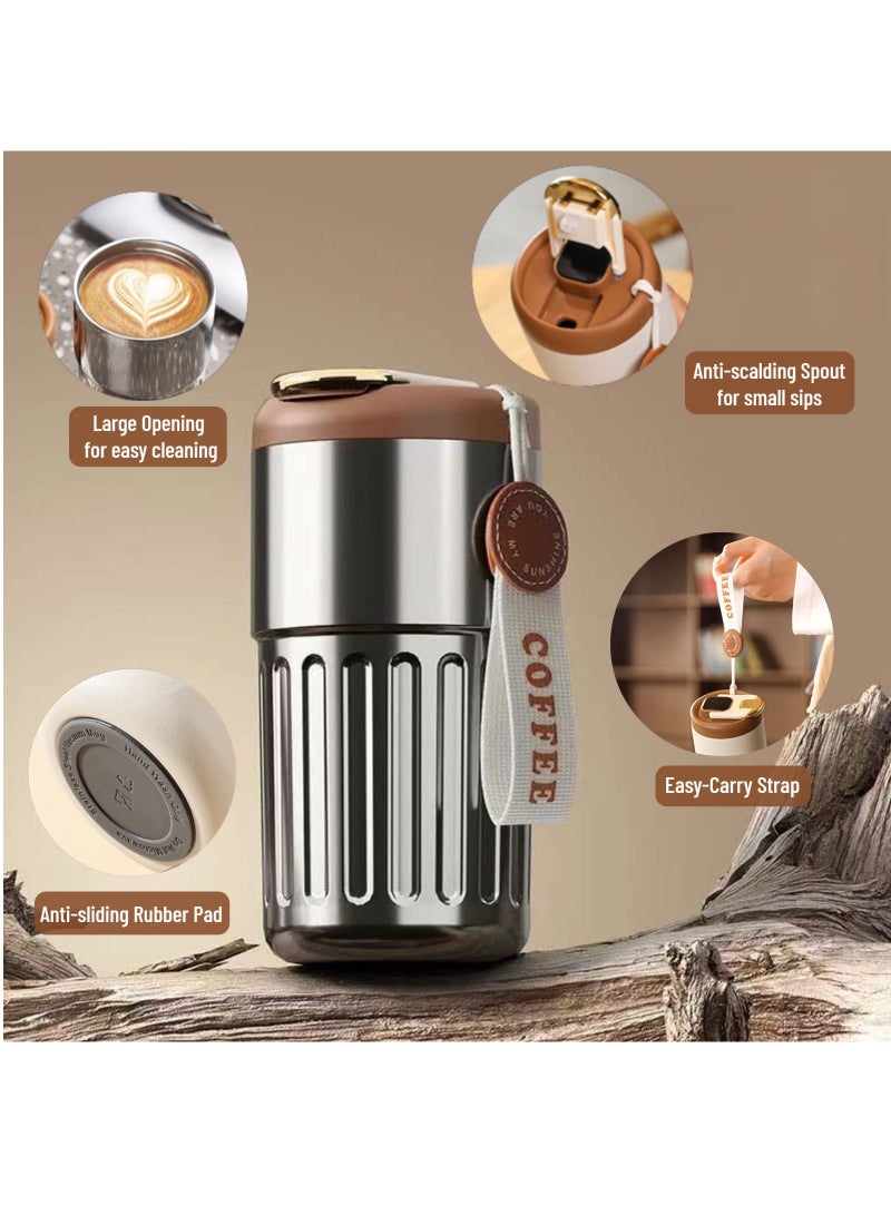 Cuken 450ml Stainless Steel Travel Coffee Mug, Double Wall Vacuum Insulated Thermos, Leakproof Car Cup with Portable Handle, Keeps Hot & Cold for Office Commute and Outdoors (Silver) - Image 3