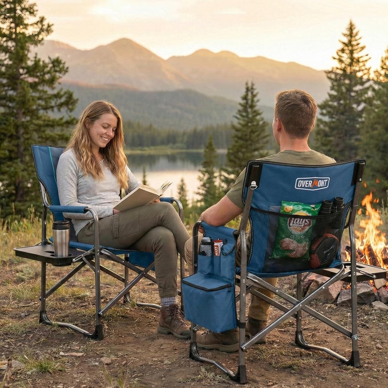 OVERMONT Folding Camping Chair – Folding Director's Chair – Supports up to 180 kg – Folding Chair with Side Table and Isothermal Bag for Camping Fishing Festival Blue Grey 2PCS - Image 2