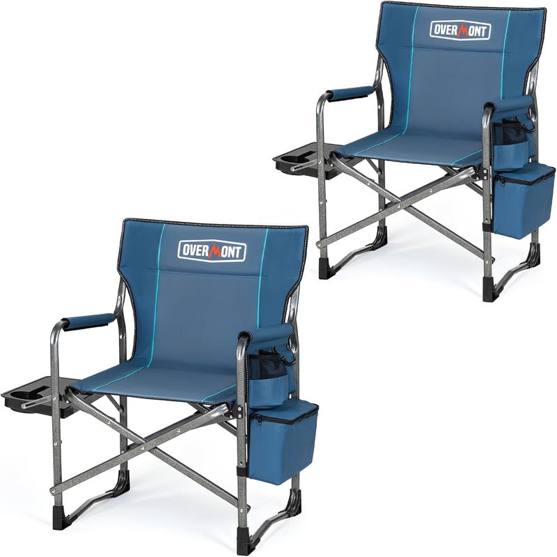 OVERMONT Folding Camping Chair – Folding Director's Chair – Supports up to 180 kg – Folding Chair with Side Table and Isothermal Bag for Camping Fishing Festival Blue Grey 2PCS - Image 1