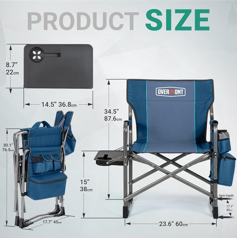 OVERMONT Folding Camping Chair – Folding Director's Chair – Supports up to 180 kg – Folding Chair with Side Table and Isothermal Bag for Camping Fishing Festival Blue Grey 2PCS - Image 3