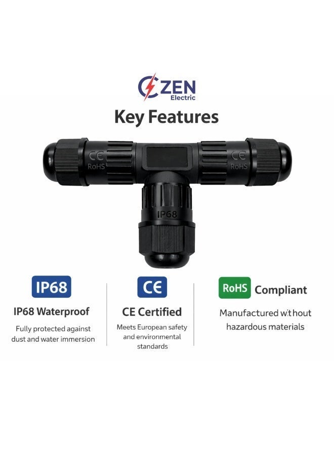 CZEN ELECTRIC IP68 Waterproof T-Type Cable Connector M16 (0.5–1.5 mm²), 3 Core 3 Pole Electrical Junction Connector, Cable OD 4–8 mm, -40°C to +125°C, Outdoor, Underground, Solar, Garden, LED, Street Lighting - Image 2