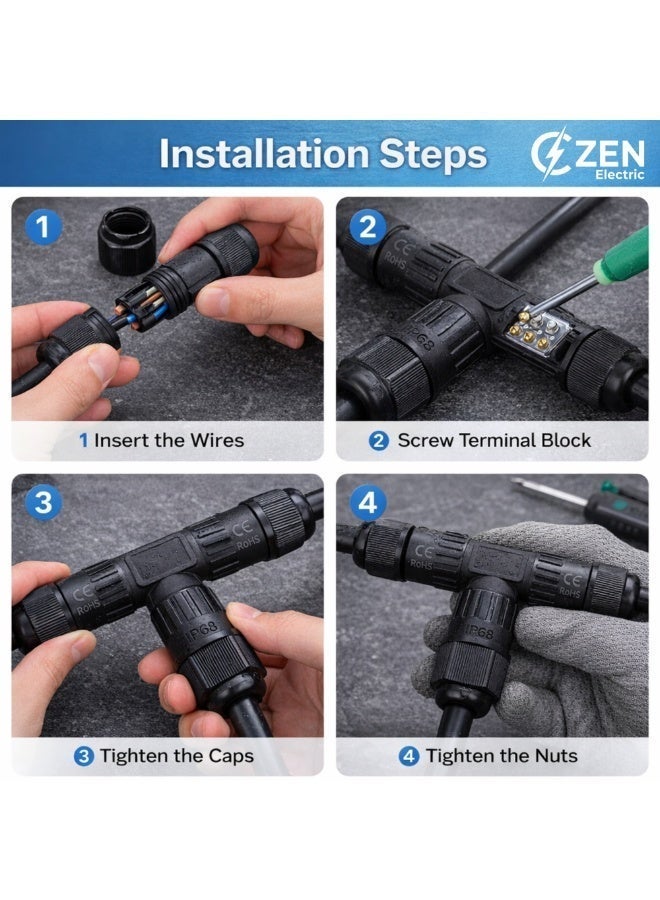 CZEN ELECTRIC IP68 Waterproof T-Type Cable Connector M16 (0.5–1.5 mm²), 3 Core 3 Pole Electrical Junction Connector, Cable OD 4–8 mm, -40°C to +125°C, Outdoor, Underground, Solar, Garden, LED, Street Lighting - Image 5