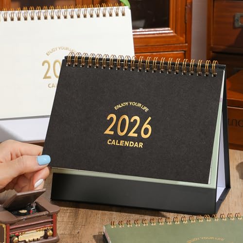 Stiamvd Small Desk Calendar 2026, Standing Flip Desktop Calendar from January 2026 to June 2027 - Metal Ring Twin-Wire Binding Monthly Desktop Calendar for Home Office School (Black) - Image 2