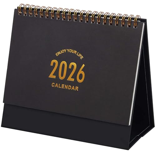 Stiamvd Small Desk Calendar 2026, Standing Flip Desktop Calendar from January 2026 to June 2027 - Metal Ring Twin-Wire Binding Monthly Desktop Calendar for Home Office School (Black) - Image 1