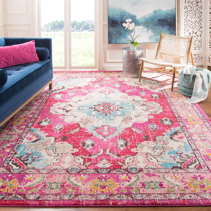 SAFAVIEH Monaco Collection Area Rug  8 x 10 Pink  Multi Boho Chic Medallion Distressed Design NonShedding  Easy Care Ideal for High Traffic Areas in Living Room Bedroom MNC243D