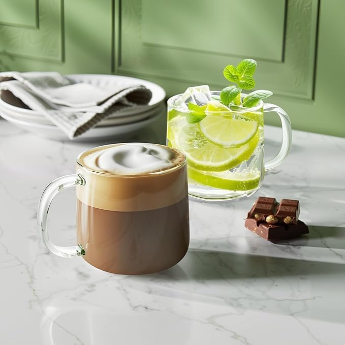 PrimeWorld 500ml Large Glass Coffee Mugs with Handle – Set of 2 | Clear Glass Cups for Latte, Cappuccino, Tea & Hot Beverages - Image 2