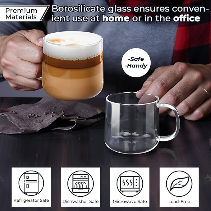 PrimeWorld 500ml Large Glass Coffee Mugs with Handle – Set of 2 | Clear Glass Cups for Latte, Cappuccino, Tea & Hot Beverages - Image 5