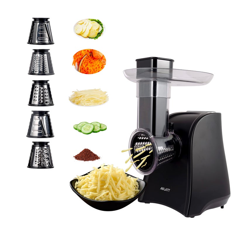 ASLATT Electric Slicer, Electric Cheese Grater for Home Kitchen Use, One-Touch Control Cheese Shredder, Salad Maker Machine for Fruits, Vegetables, Cheese Grater with 5 Attachments - Image 1