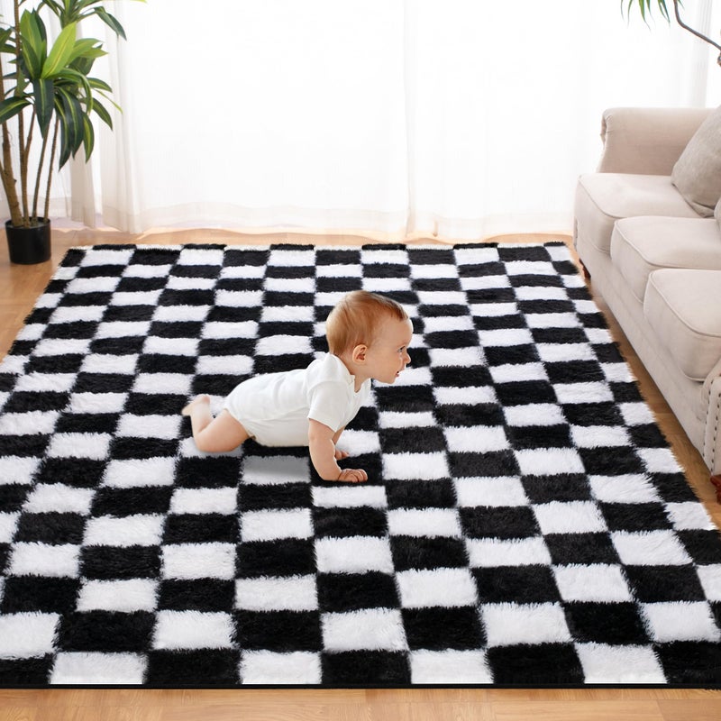 TOOHUB Super Soft Rug for Bedroom  5x7 Ft Black and White Area Rug Classic Checkered Shaggy Rug Anti-Skid High Pile Soft Fluffy Rug Fuzzy Carpet for Living Room Bedroom Kids Room Nursery  Dorm Home Decor - Image 1