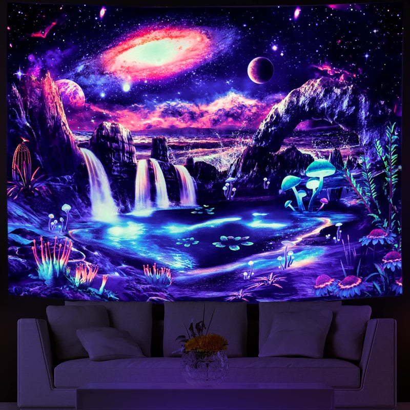 Lahasbja Blacklight Galaxy Tapestry UV Reactive Waterfall Planet Landscape Tapestry Mountain Wave Wall Tapestries Neon Nebula Plants Wall Hanging for Room - Image 1