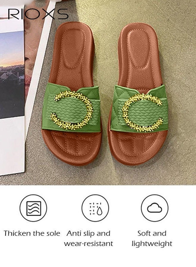 RIOXS Women's Flat Sandals, Dressy Round Open Toe Slip-on Sandals, Fashion Slides Slippers for Women, Crystal "C" Embellished Slide Sandals for Ladies, Non-Slip Casual Beach Sandals, Ladys Glitter Plain Sliders, Stylish Elegant Slide Sandal, Flat Slippers for Vacation/ Trips/ Seaside/ Walking/ Shopping/ Outings, Green Slipper Sandals - Image 3