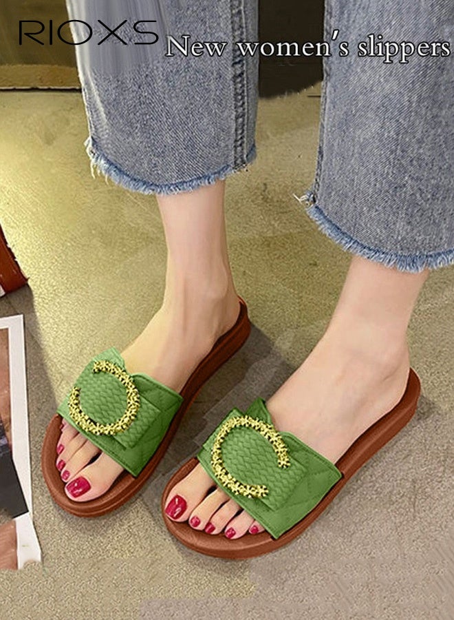 RIOXS Women's Flat Sandals, Dressy Round Open Toe Slip-on Sandals, Fashion Slides Slippers for Women, Crystal "C" Embellished Slide Sandals for Ladies, Non-Slip Casual Beach Sandals, Ladys Glitter Plain Sliders, Stylish Elegant Slide Sandal, Flat Slippers for Vacation/ Trips/ Seaside/ Walking/ Shopping/ Outings, Green Slipper Sandals - Image 5