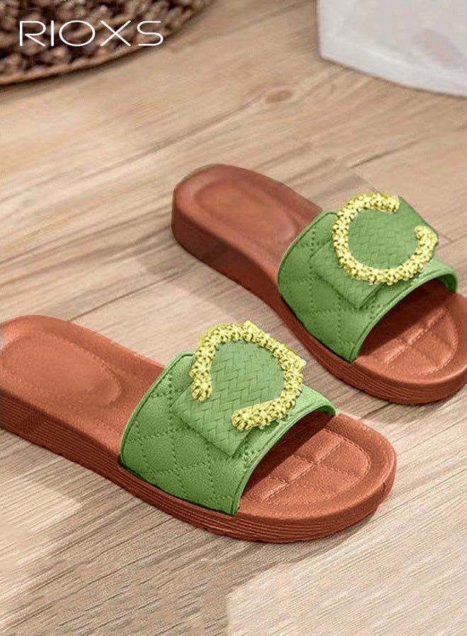 RIOXS Women's Flat Sandals, Dressy Round Open Toe Slip-on Sandals, Fashion Slides Slippers for Women, Crystal "C" Embellished Slide Sandals for Ladies, Non-Slip Casual Beach Sandals, Ladys Glitter Plain Sliders, Stylish Elegant Slide Sandal, Flat Slippers for Vacation/ Trips/ Seaside/ Walking/ Shopping/ Outings, Green Slipper Sandals - Image 2