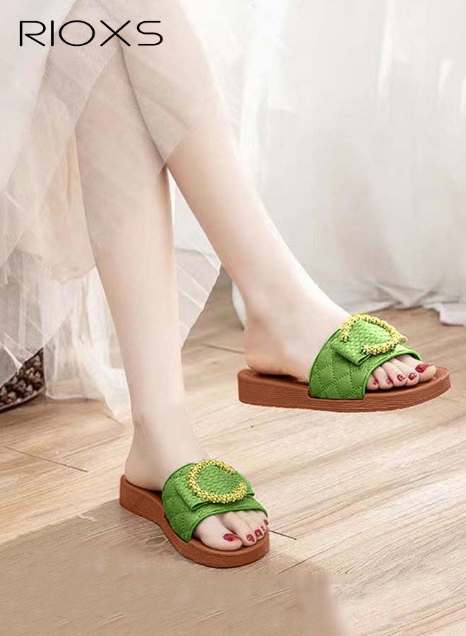 RIOXS Women's Flat Sandals, Dressy Round Open Toe Slip-on Sandals, Fashion Slides Slippers for Women, Crystal "C" Embellished Slide Sandals for Ladies, Non-Slip Casual Beach Sandals, Ladys Glitter Plain Sliders, Stylish Elegant Slide Sandal, Flat Slippers for Vacation/ Trips/ Seaside/ Walking/ Shopping/ Outings, Green Slipper Sandals - Image 1