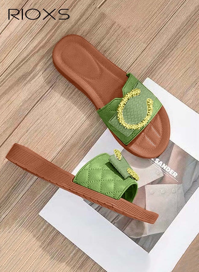 RIOXS Women's Flat Sandals, Dressy Round Open Toe Slip-on Sandals, Fashion Slides Slippers for Women, Crystal "C" Embellished Slide Sandals for Ladies, Non-Slip Casual Beach Sandals, Ladys Glitter Plain Sliders, Stylish Elegant Slide Sandal, Flat Slippers for Vacation/ Trips/ Seaside/ Walking/ Shopping/ Outings, Green Slipper Sandals - Image 4