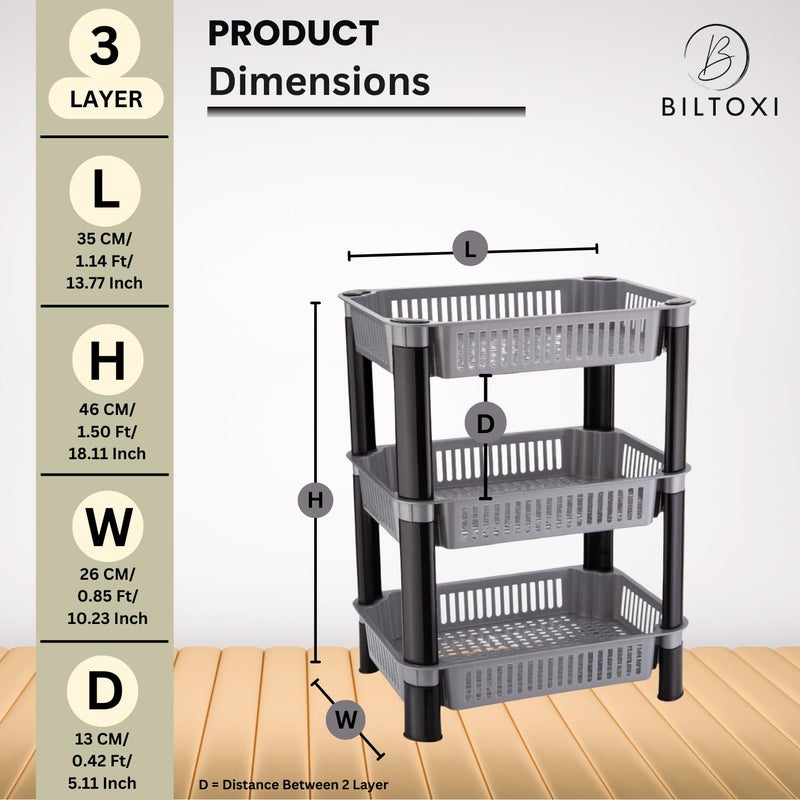 Biltoxi Plastic Storage Rack for Kitchen Corner Kitchen Storage Rack Onion Potato Sabji Fruit Corner Storage Basket Multipurpose Kitchen Trolley Rack 3 Layer Silver - Image 2