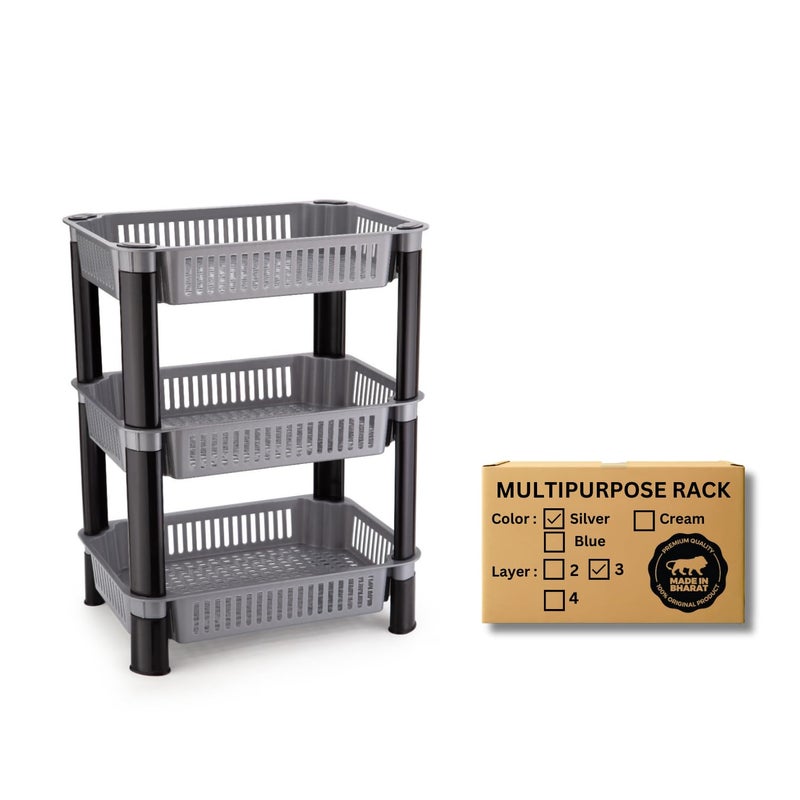Biltoxi Plastic Storage Rack for Kitchen Corner Kitchen Storage Rack Onion Potato Sabji Fruit Corner Storage Basket Multipurpose Kitchen Trolley Rack 3 Layer Silver - Image 1