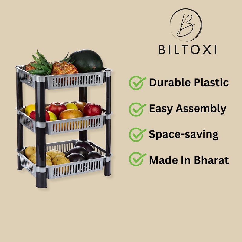 Biltoxi Plastic Storage Rack for Kitchen Corner Kitchen Storage Rack Onion Potato Sabji Fruit Corner Storage Basket Multipurpose Kitchen Trolley Rack 3 Layer Silver - Image 3