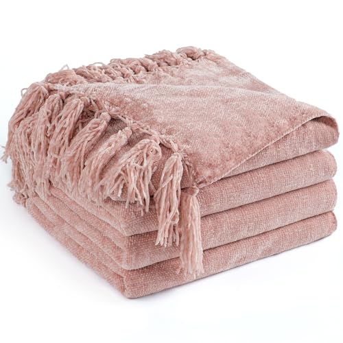 LONG CREATE Chenille Throw Blanket for Couch 50X 60 Soft Cozy Throws with Fringe Tassel for Bed Sofa Chair Cover Lightweight Knitted Decorative Boho Blankets for Living Room Dusty Pink - Image 1