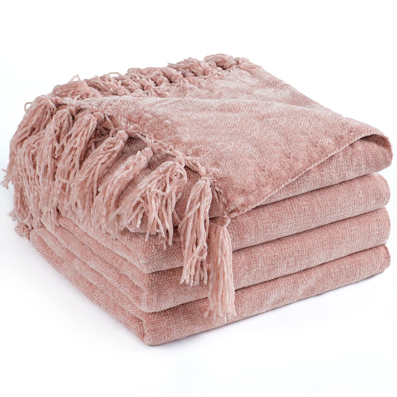 LONG CREATE Chenille Throw Blanket for Couch 50X 60 Soft Cozy Throws with Fringe Tassel for Bed Sofa Chair Cover Lightweight Knitted Decorative Boho Blankets for Living Room Dusty Pink - Image 2