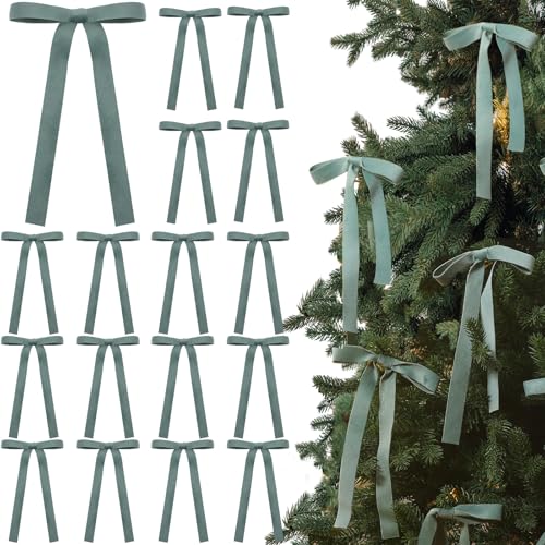 Glitinsel 24 Pcs Velvet Bows Christmas Tree Ornaments Vintage Double Faced Velvet Ribbon Bows for Tree Garland Wreath Indoor Outdoor Xmas5 x 7 Inch Width of 58Sage Green - Image 1
