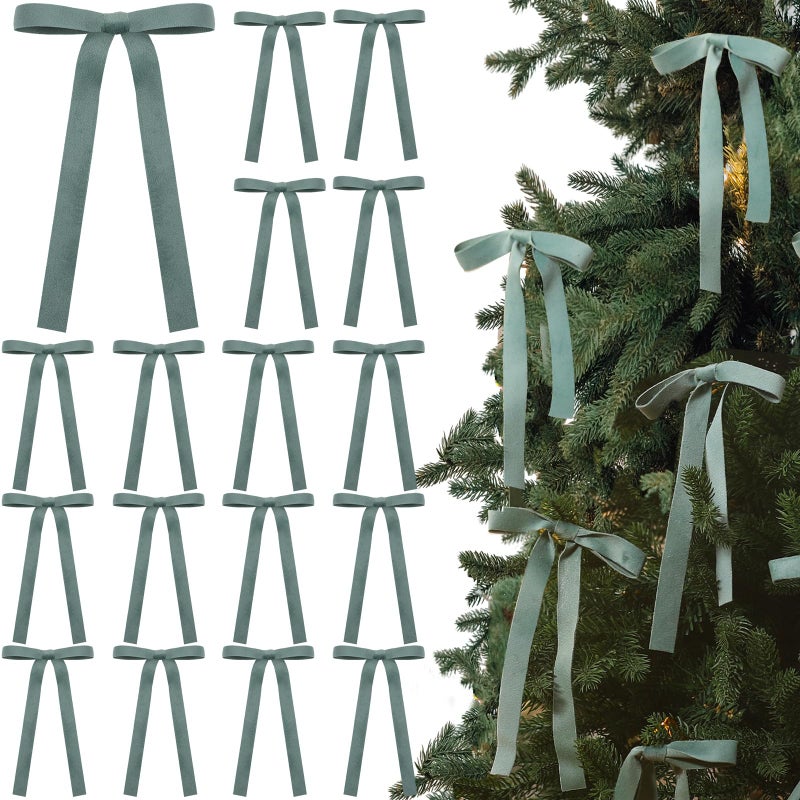 Glitinsel 24 Pcs Velvet Bows Christmas Tree Ornaments Vintage Double Faced Velvet Ribbon Bows for Tree Garland Wreath Indoor Outdoor Xmas5 x 7 Inch Width of 58Sage Green - Image 2