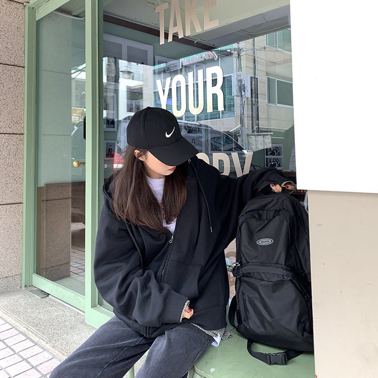 New Spring Loose Korean Style oversize Grey Hooded Sweatshirt Womens Zipper Coat Womens Foreign Trade Jacket Wholesale Black (velvet)  - Image 1