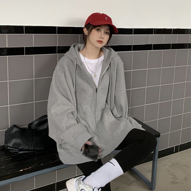 New Spring Loose Korean Style oversize Grey Hooded Sweatshirt Womens Zipper Coat Womens Foreign Trade Jacket Wholesale Black (velvet)  - Image 2