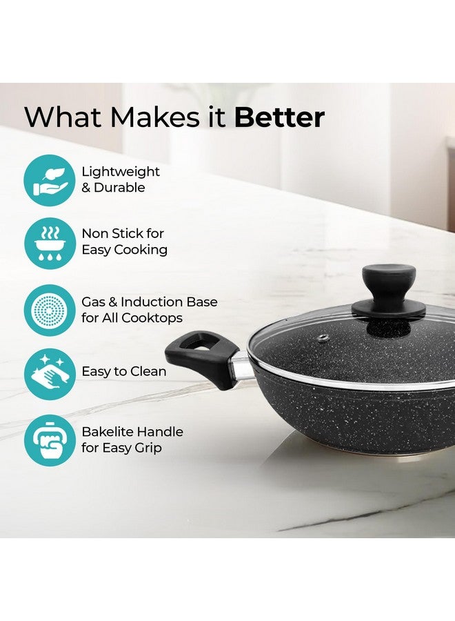 The Better Home Granite Non-Stick Kadai With Lid (3mm, 2.5L-24cm) | Gas & Induction Wok | Hard Anodised for Deep Frying | 3 Layer Coating | Compatible With Gas and Induction - Image 2
