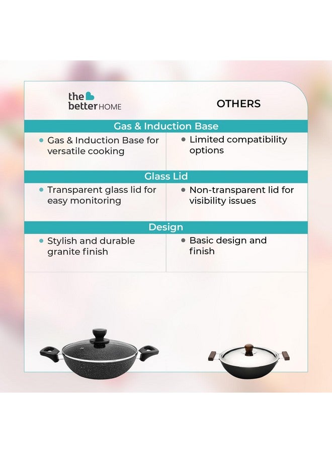 The Better Home Granite Non-Stick Kadai With Lid (3mm, 2.5L-24cm) | Gas & Induction Wok | Hard Anodised for Deep Frying | 3 Layer Coating | Compatible With Gas and Induction - Image 5