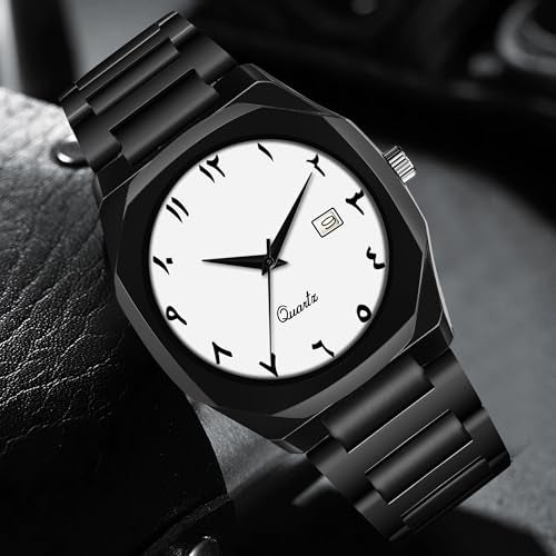 CERO Modern Arabic Numeral Watch Black Stainless Steel Band, Octagonal Case, Analogue Date Display for Man (White) - Image 2