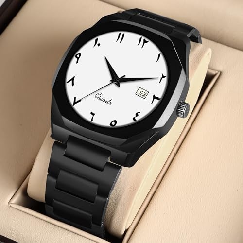 CERO Modern Arabic Numeral Watch Black Stainless Steel Band, Octagonal Case, Analogue Date Display for Man (White) - Image 3