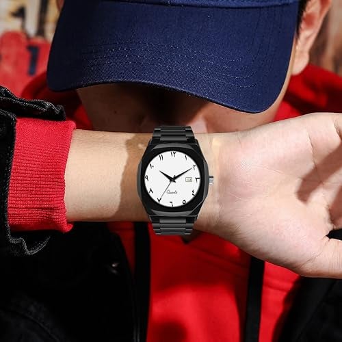 CERO Modern Arabic Numeral Watch Black Stainless Steel Band, Octagonal Case, Analogue Date Display for Man (White) - Image 4