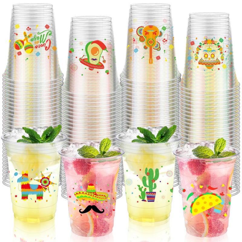 Kochorie 120 Pieces 16 oz Mexican Fiesta Plastic Cups Clear Disposable Cups with Doublesided Different Patterns Cinco De Mayo Drinkware Party Supplies Fiesta Taco Birthday Decorations 4 Styles
