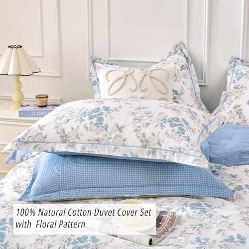 ALEISSEL French Country 100 Natural Cotton Duvet Cover Sets 3Pcs Delicate Pastel Floral Print on White with Soft Blue Mini Check Reverse Neutral Bedding Set with Button ClosureKing10490 - Image 3