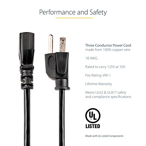 StarTech.com 6ft (1.8m) Computer Power Cord, NEMA 5-15P to C13, 10A 125V, 18AWG, Black Replacement AC Power Cord, Printer Power Cord, PC Power Supply Cable, Monitor Power Cable - UL Listed (PXT101) - Image 3
