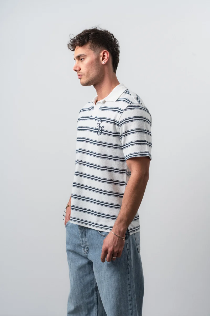 RESPIRE Men's RS Embroidered Striped Polo Collar Regular Fit T-Shirt Navy Blue
