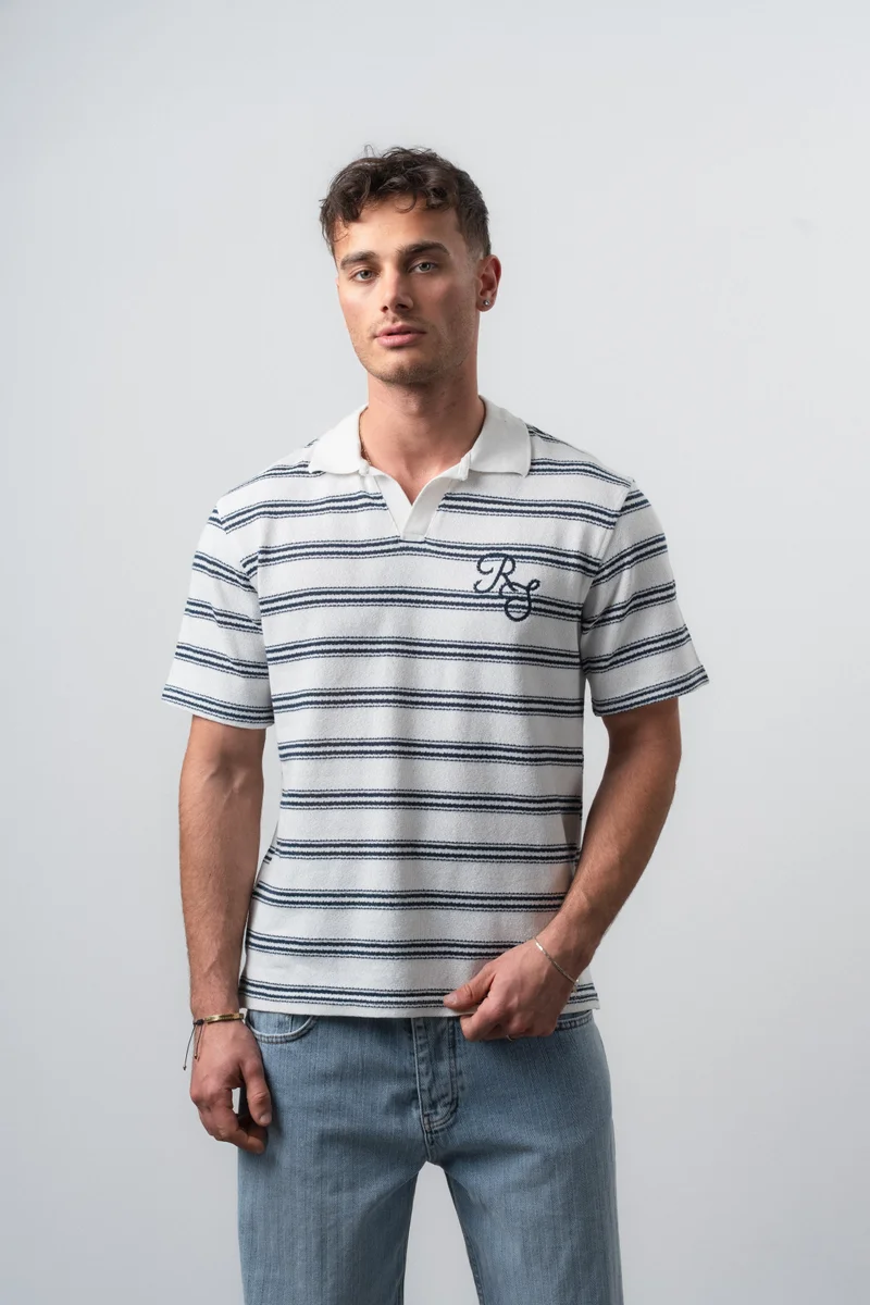 RESPIRE Men's RS Embroidered Striped Polo Collar Regular Fit T-Shirt Navy Blue