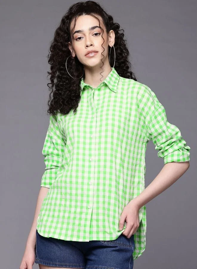 مرفوعة Women Regular Fit Textured Shirt Collar Long Sleeve Long Shirt