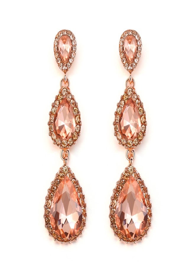 BriLove Gorgeous Shiny Rhinestones Teardrop Chandelier Long Dangle Earrings for Wedding Bridal Party Prom Jewelry Accessories Peach Rose-Gold-Tone - Image 1