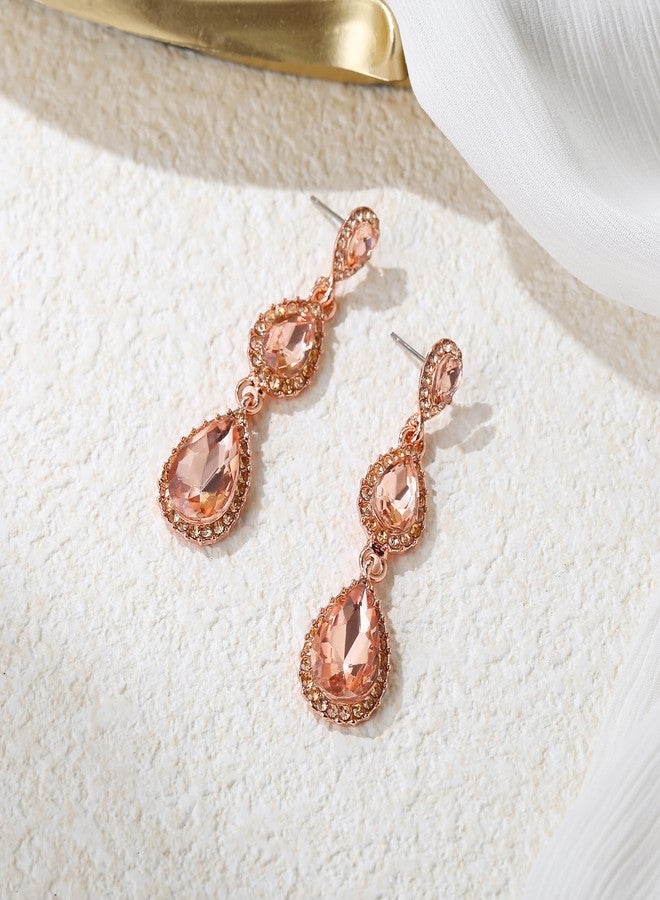 BriLove Gorgeous Shiny Rhinestones Teardrop Chandelier Long Dangle Earrings for Wedding Bridal Party Prom Jewelry Accessories Peach Rose-Gold-Tone - Image 4