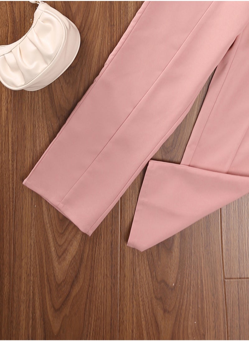 Generic - Pants Sets For Girls 8-12 Years Pink Flowers Printed Blouse & Elastic Waist Straight Pants Elegant Style Girls Outfit - Image 1