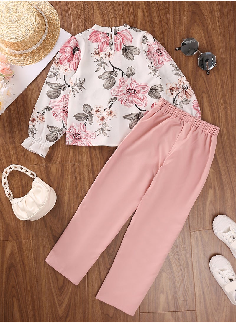 Generic - Pants Sets For Girls 8-12 Years Pink Flowers Printed Blouse & Elastic Waist Straight Pants Elegant Style Girls Outfit - Image 1