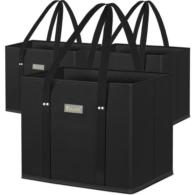3PK REUSABLE GROCERY BAGS FOLDABLE SHOPPING BAGS FOR GROCERIES WITH REINFORCED BOTTOM HANDLES BLACK