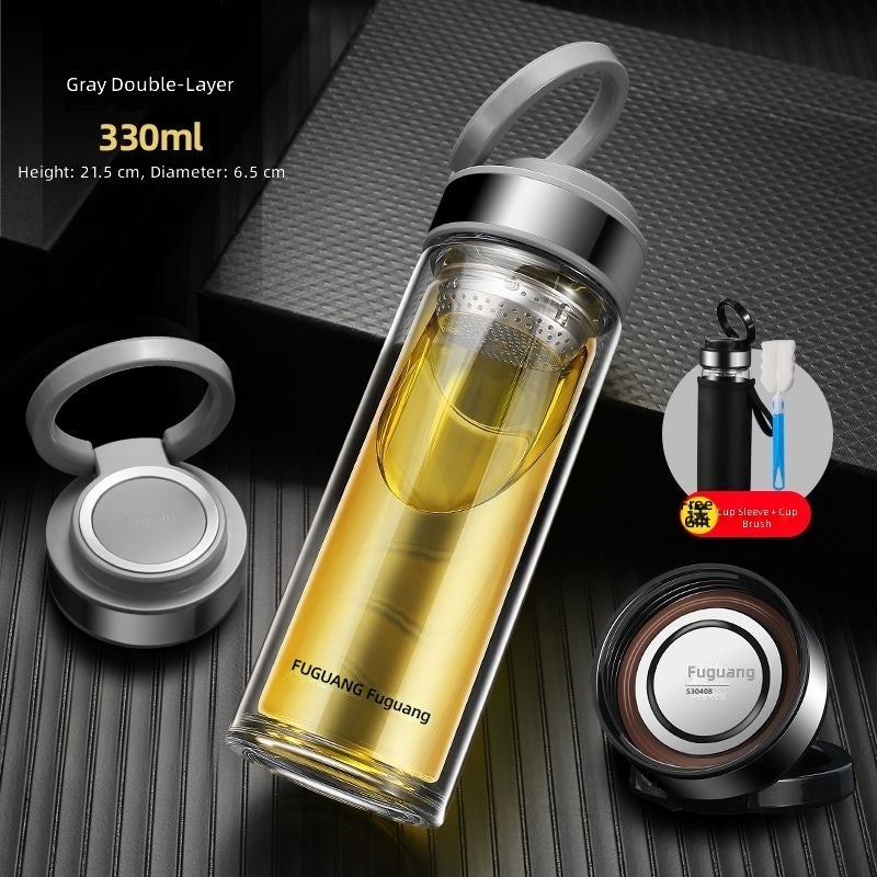 FUGUANG Single & Double Layer Water Bottle - Durable, Large Capacity, Portable Glass Cup with Tea Filter for Office & Outdoor Use - Image 1