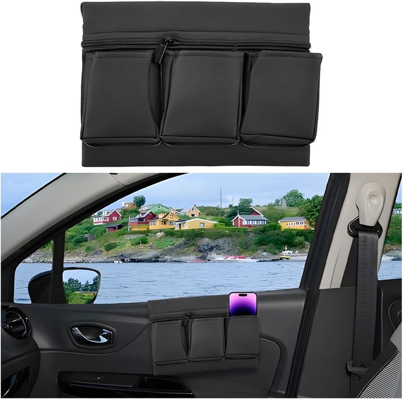 Mandark Car Window Armrest Storage Box - Leather Vehicle Side Door Organizer with Multiple Pockets (Black) - Image 1