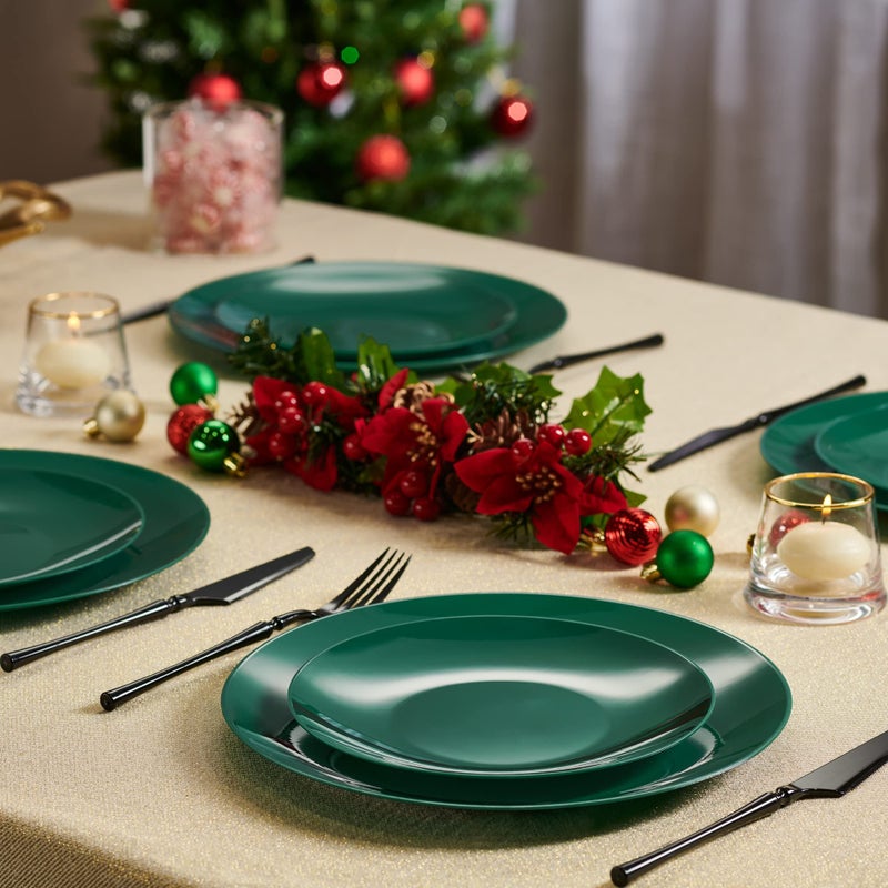 PLASTICPRO طقم أطباق بلاستيكية 64 قطعة لمناسبة عيد الميلاد يتضمن 32 طبقًا بحجم 7 بوصة و32 طبقًا بحجم 10 بوصة أطباق حفلات بلاستيكية خضراء بموضوع عيد الميلاد ثقيلة الوزن أنيقة قابلة للتخلص منها أدوات المائدة - Image 2